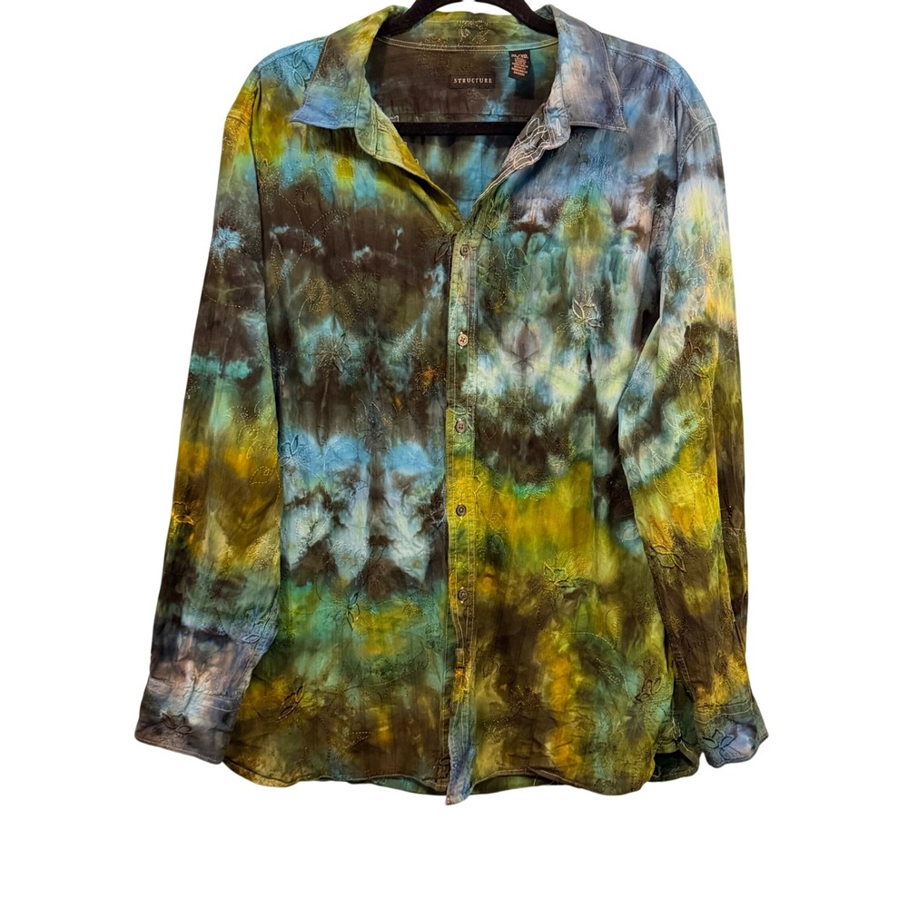 Vintage Retro Hippy Tie Dye Earthy Embroidered Ling Sleeve Button Up Shirt XL